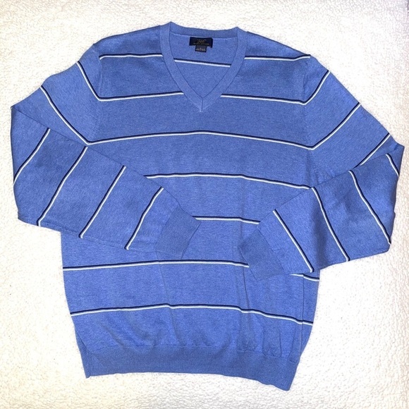 Brooks Brothers 346 Blue & White Striped V-Neck Cotton Sweater - Picture 1 of 4